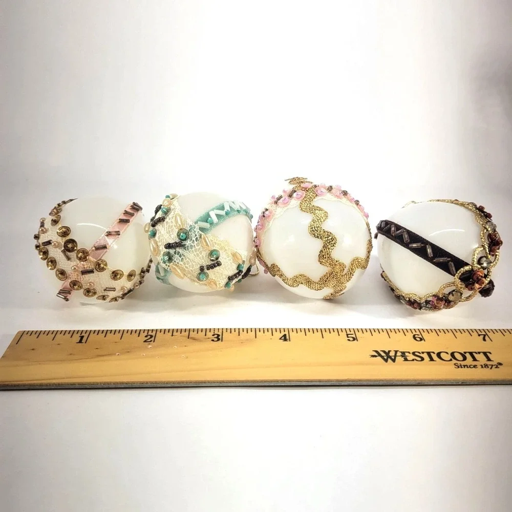 Vintage Glass Beaded Eggs Ornaments Set of 4 Embellished‎ Handcrafted Pink Green